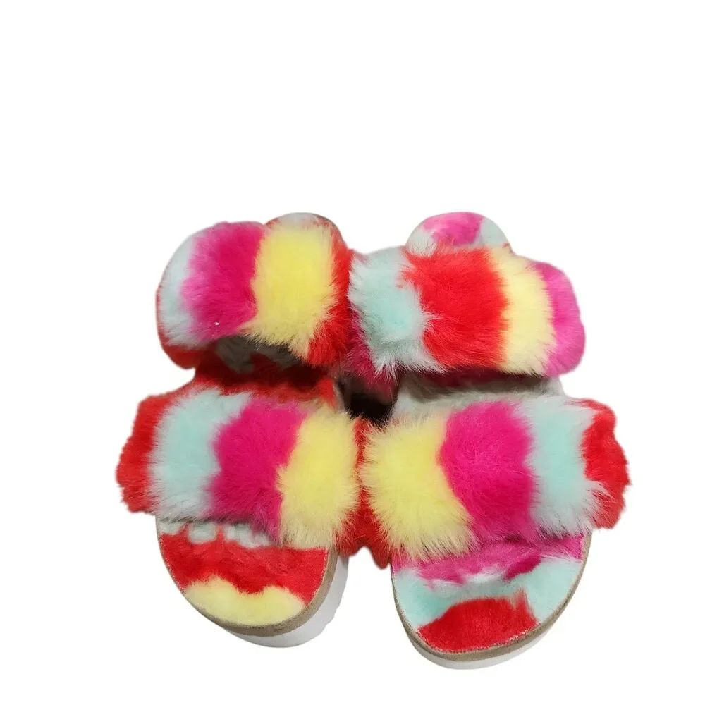 Women’s‎ Faux Fur Slide Sandals Multicolor Rainbow Plush Slippers Size 6